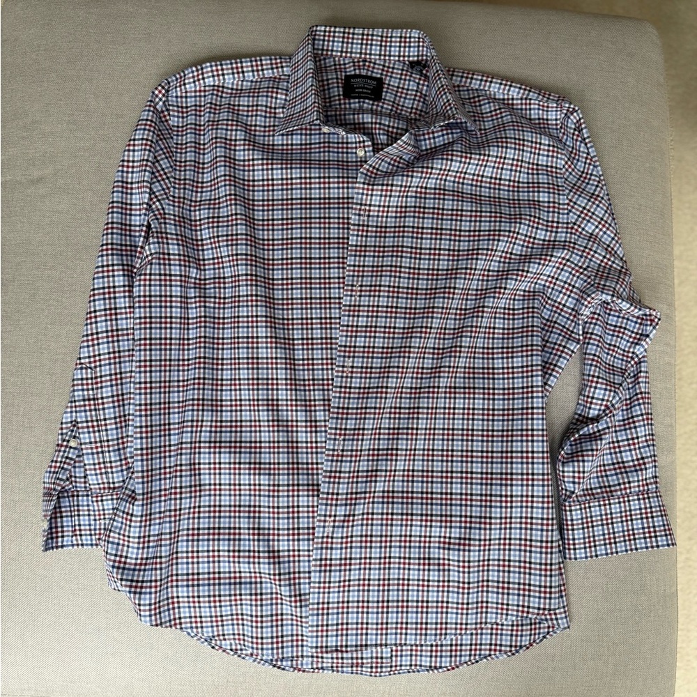 Nordstrom Men’s Shop Non-Iron Stretch Dress Shirt Red Blue Plaid 17.5 32/33